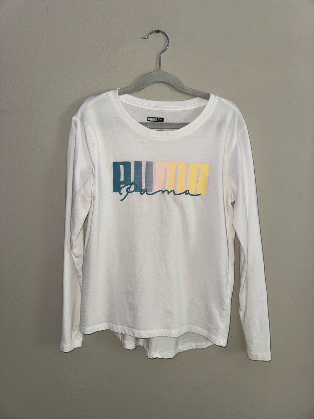 Puma White Long-Sleeve Tee with Blue and Yellow Logo Blocks